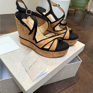 Jimmy Choo Black and Tan Wedge Sandals